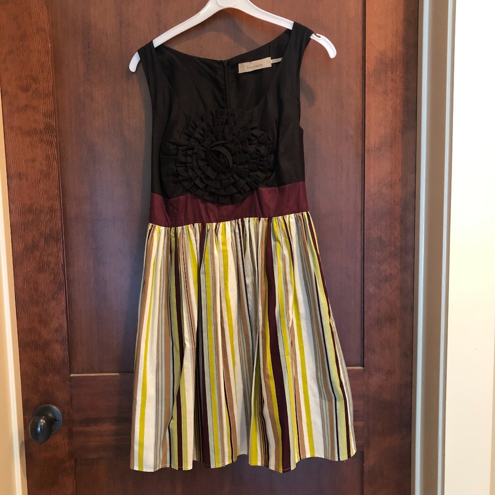 Black Dress w/Flower Detail, Striped Skirt